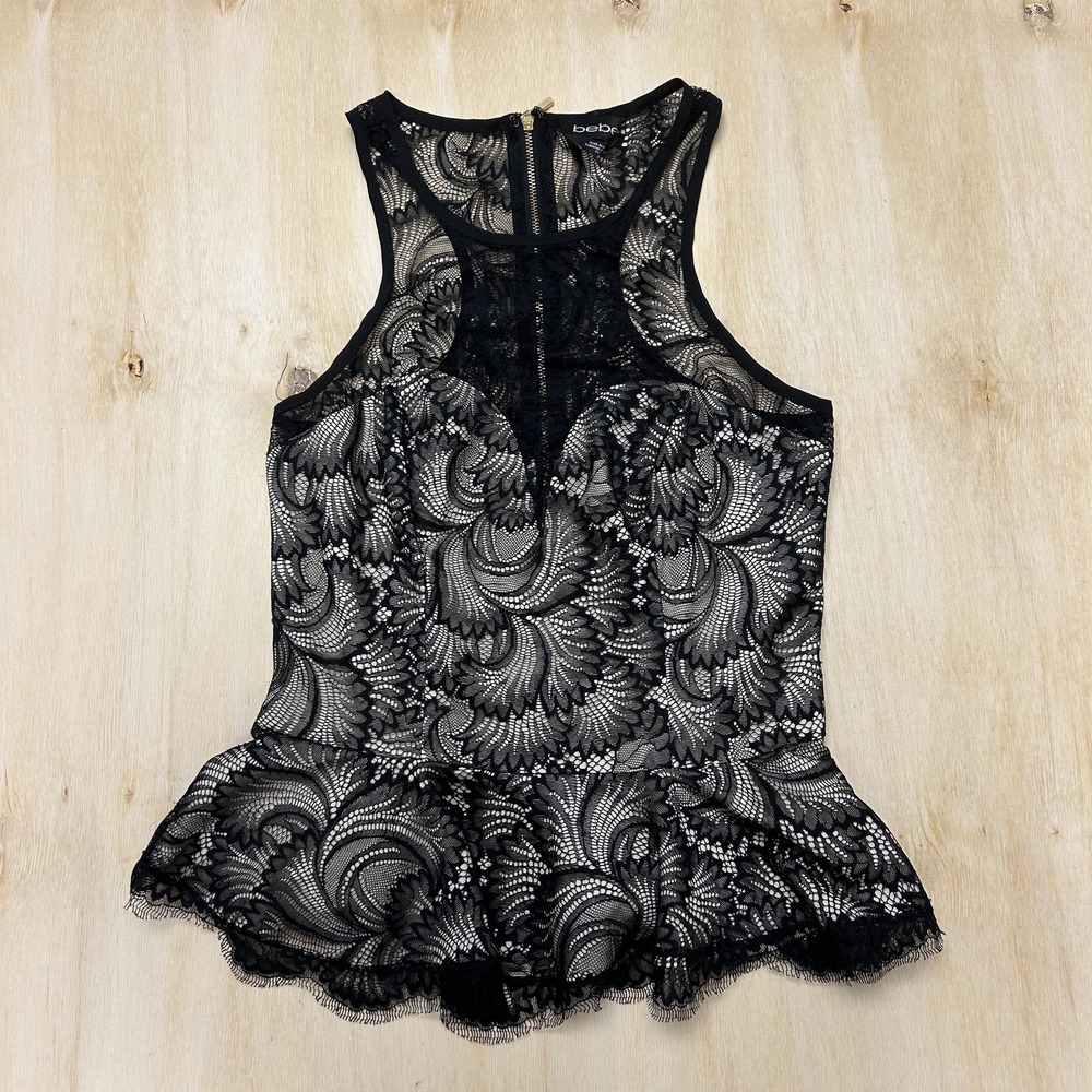 Vtg Bebe Camisole Blouse Womens XS Black Lace High Neck Peplum Lined Sheer Top